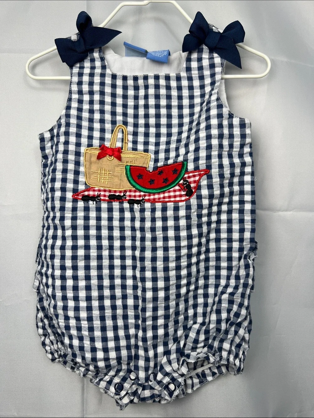 Kid Crew navy gingham Searsucker bubble romper with picnic appliqué 12 months